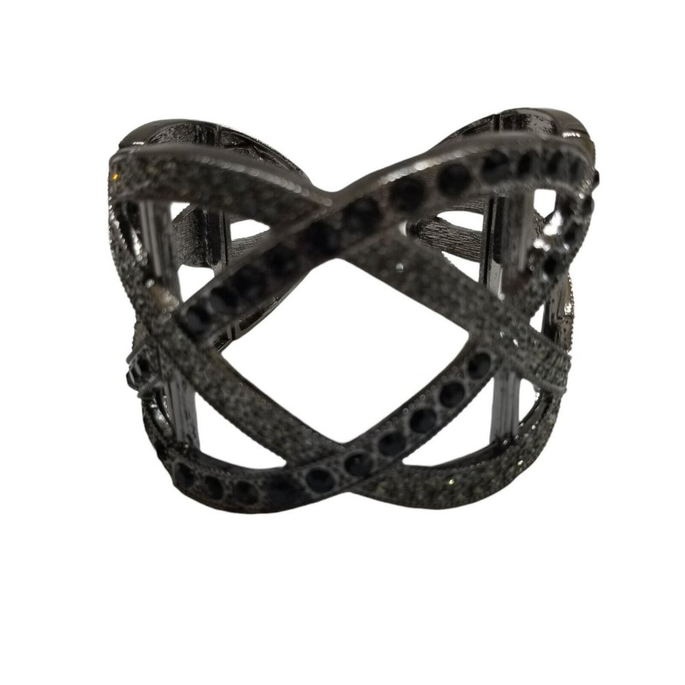 Dark Silver Black Crystals Rhinestone Woven Hollow Out Cuff Bangle Bracelet - Picture 10 of 12